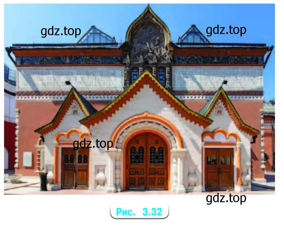 Симметричен ли на фотографии фасад здания Государственной Третьяковской галереи в Москве (рис. 3.32)? Если да, то как расположена ось симметрии фасада?