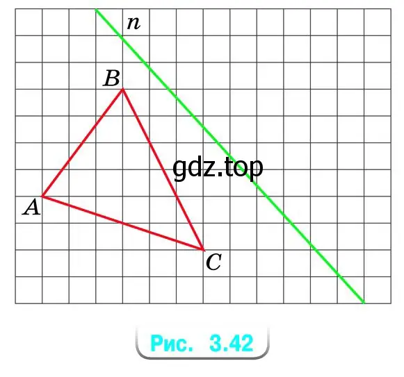 Изобразите рисунок 3.42 в тетради. Постройте треугольник, симметричный треугольнику АВС: а) относительно прямой n; б) относительно вершины А.