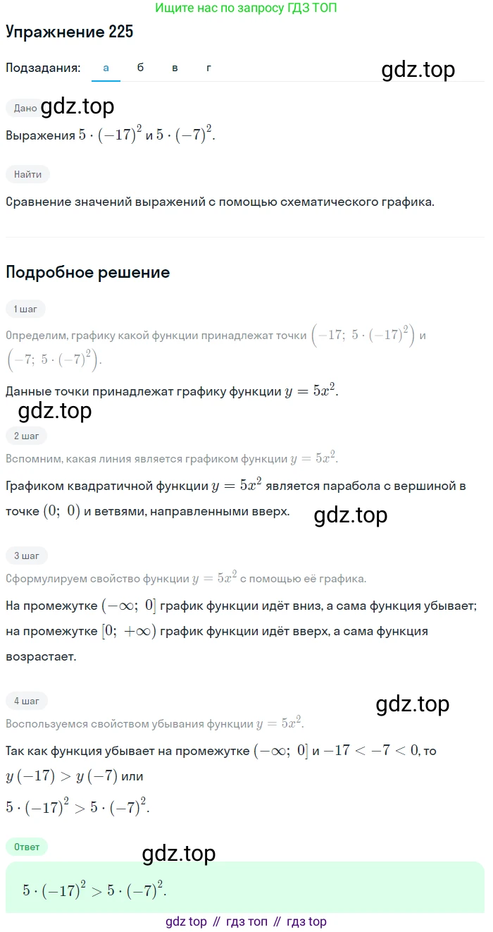 Алгебра, 9 класс Учебник, авторы: Дорофеев Георгий Владимирович, Суворова Светлана Борисовна, Бунимович Евгений Абрамович, Кузнецова Людмила Викторовна, Минаева Светлана Станиславовна, Рослова Лариса Олеговна, издательство Просвещение, Москва, 2019, белого цвета, страница 89, номер 225, Решение 1