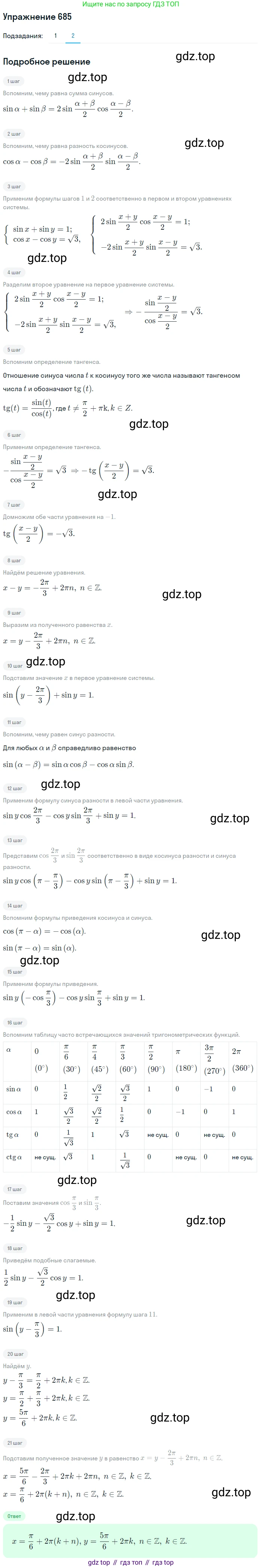 Алгебра, 10-11 класс Учебник, авторы: Алимов Шавкат Арифджанович, Колягин Юрий Михайлович, Ткачева Мария Владимировна, Федорова Надежда Евгеньевна, Шабунин Михаил Иванович, издательство Просвещение, Москва, 2014, страница 199, номер 685, Решение 1 (продолжение 2)