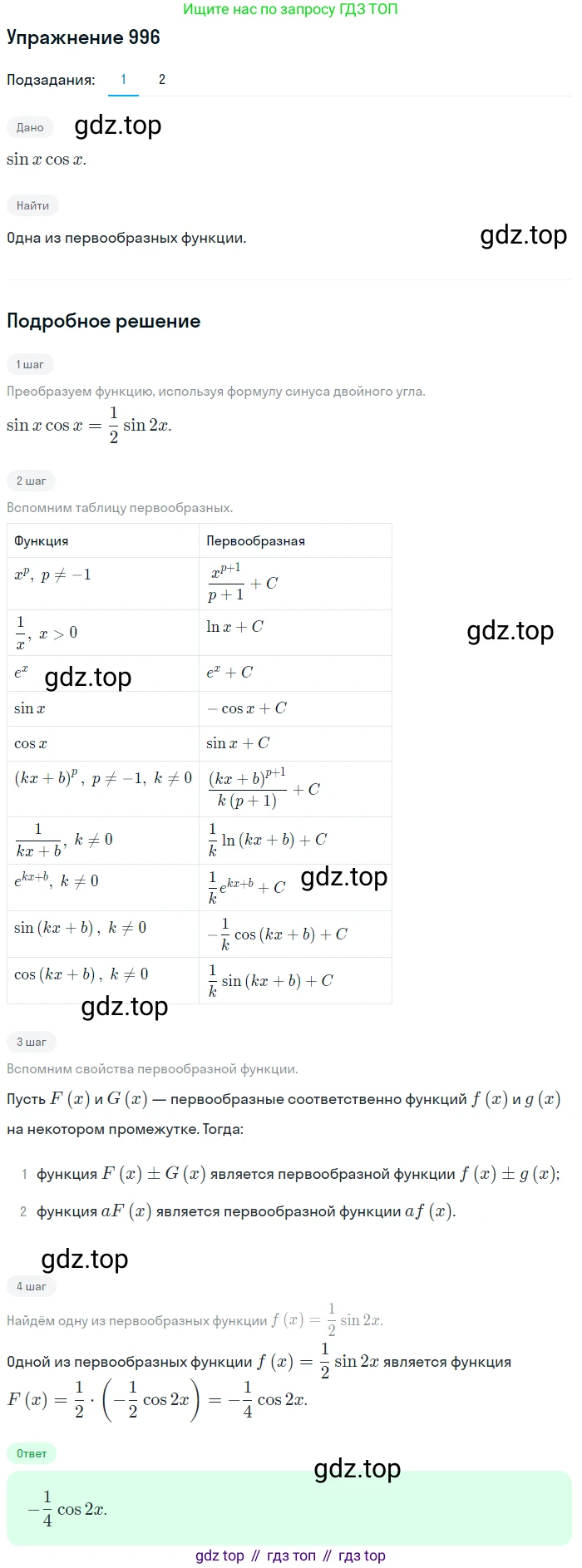 Алгебра, 10-11 класс Учебник, авторы: Алимов Шавкат Арифджанович, Колягин Юрий Михайлович, Ткачева Мария Владимировна, Федорова Надежда Евгеньевна, Шабунин Михаил Иванович, издательство Просвещение, Москва, 2014, страница 296, номер 996, Решение 1