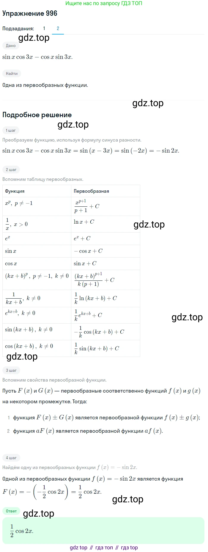 Алгебра, 10-11 класс Учебник, авторы: Алимов Шавкат Арифджанович, Колягин Юрий Михайлович, Ткачева Мария Владимировна, Федорова Надежда Евгеньевна, Шабунин Михаил Иванович, издательство Просвещение, Москва, 2014, страница 296, номер 996, Решение 1 (продолжение 2)