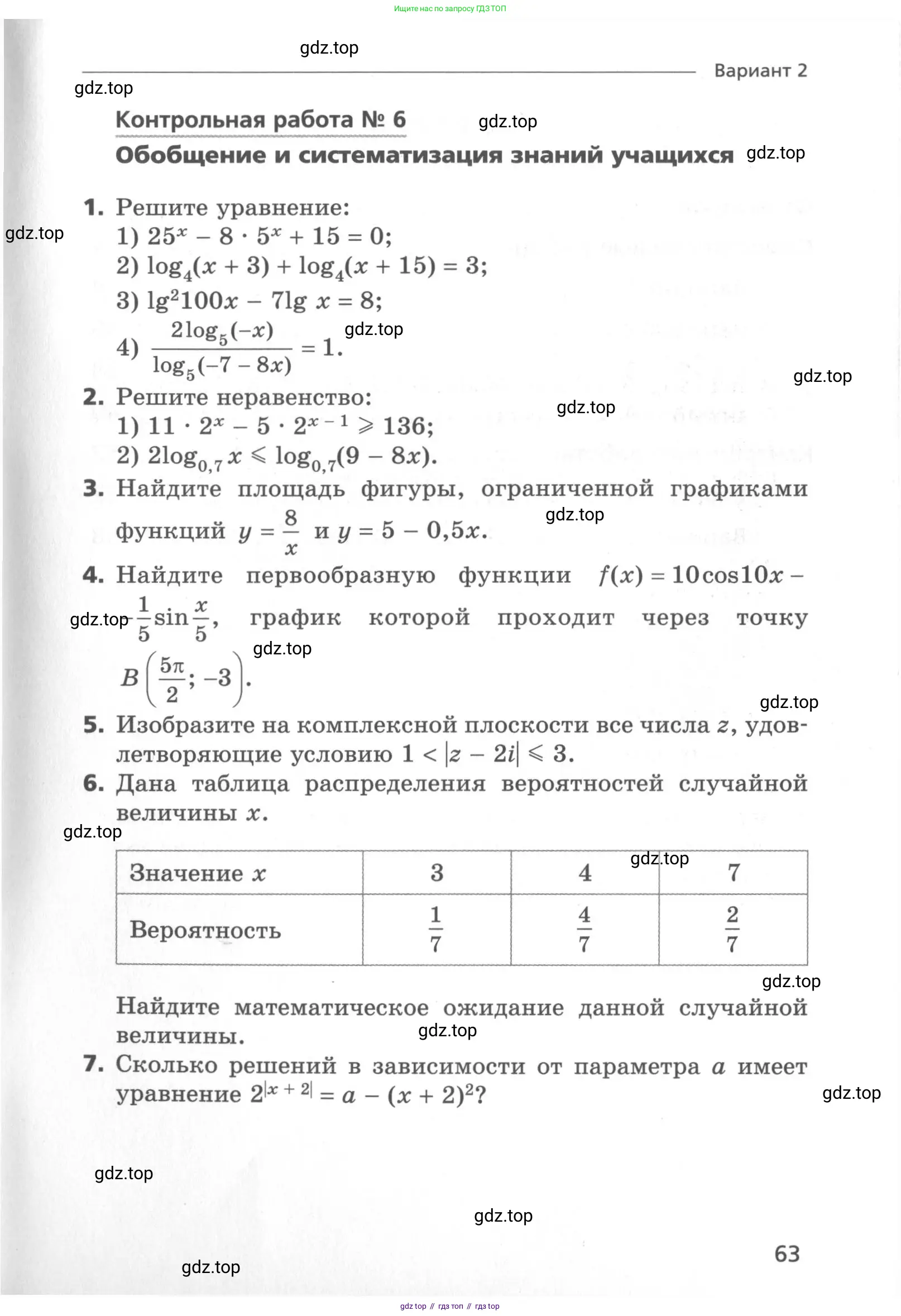 Алгебра, 11 класс Самостоятельные и контрольные работы, авторы: Мерзляк Аркадий Григорьевич, Полонский Виталий Борисович, Рабинович Ефим Михайлович, Якир Михаил Семёнович, издательство Вентана-граф, Москва, 2020, бирюзового цвета, страница 63