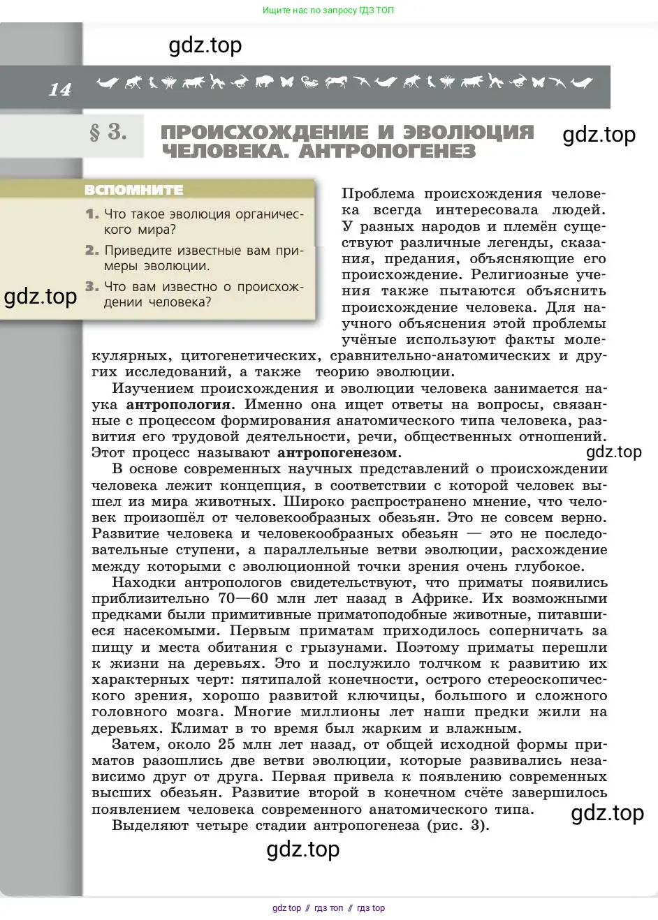 Биология, 8 класс Учебник, авторы: Пасечник Владимир Васильевич, Каменский Андрей Александрович, Швецов Глеб Геннадьевич, издательство Просвещение, Москва, 2019, страница 14
