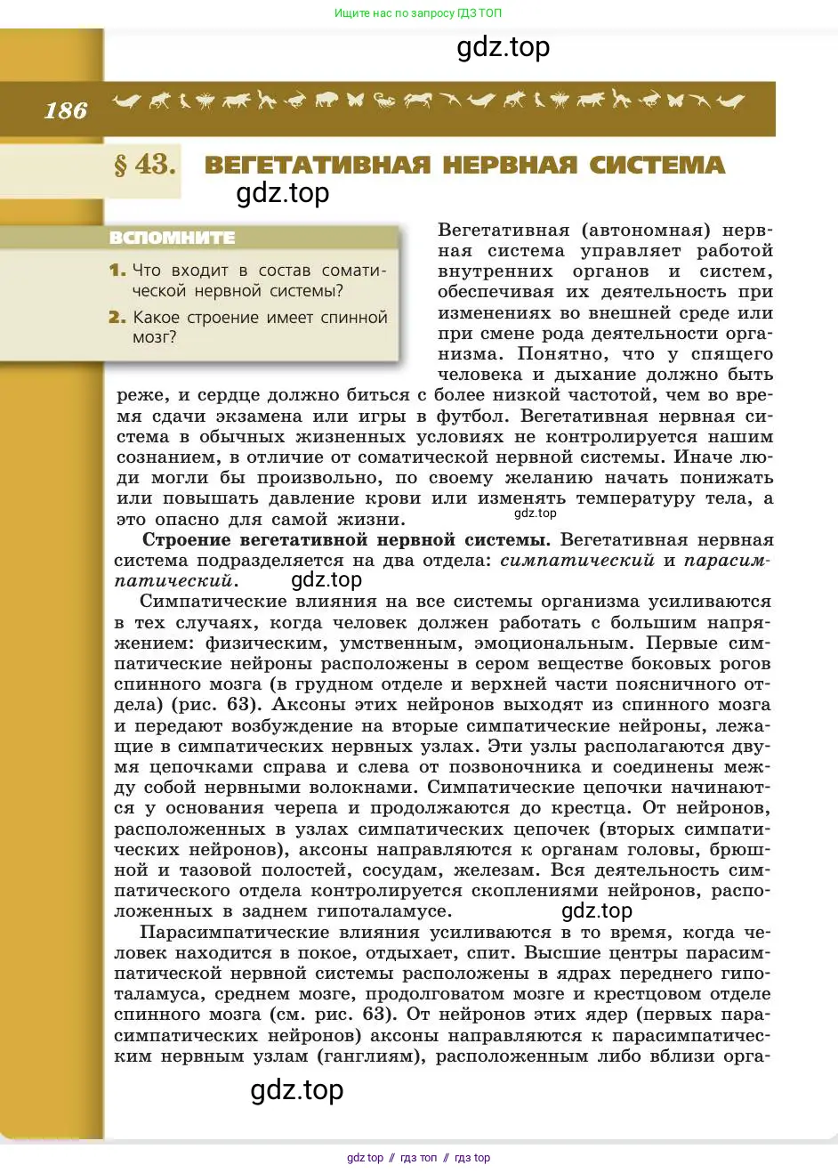 Биология, 8 класс Учебник, авторы: Пасечник Владимир Васильевич, Каменский Андрей Александрович, Швецов Глеб Геннадьевич, издательство Просвещение, Москва, 2019, страница 186