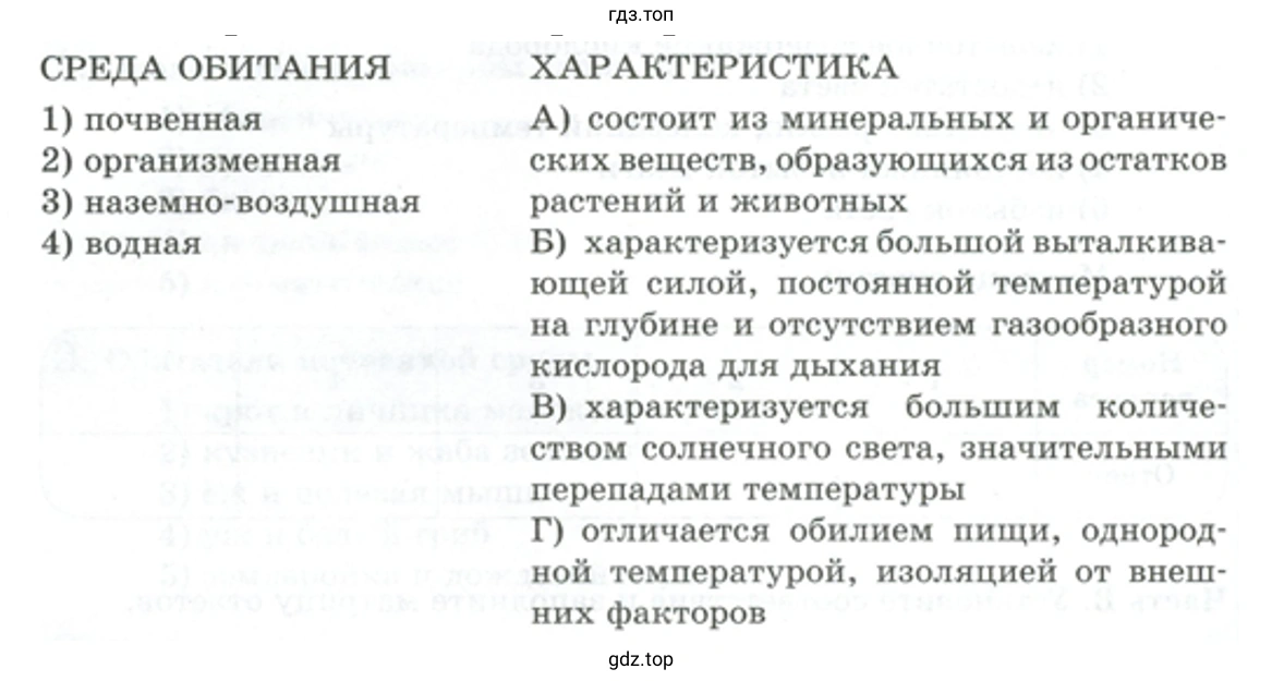 Установите соответствие между средой обитания организма и её характеристикой. - биология 5 класс Пасечник Рабочая тетрадь