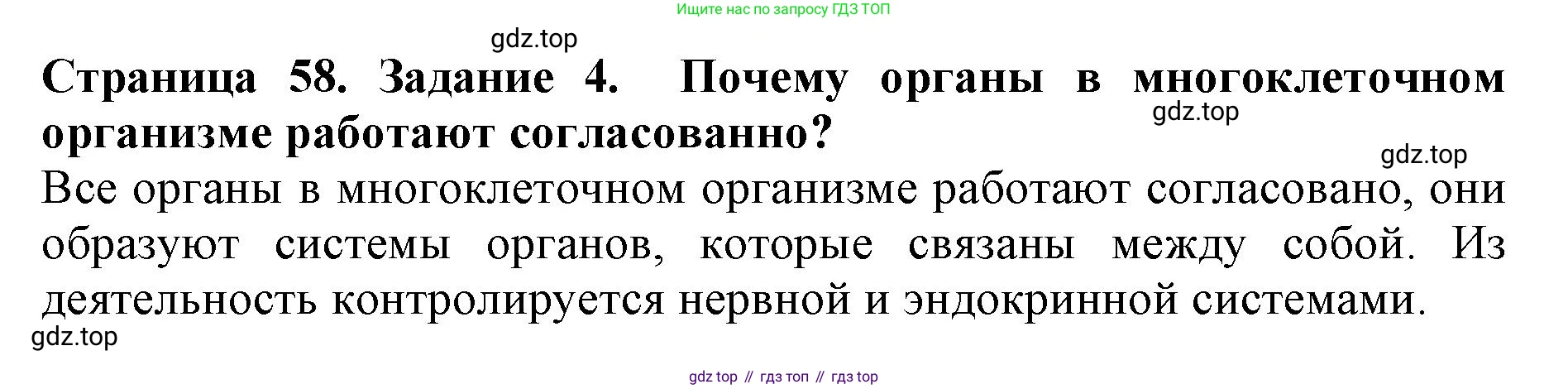 Биология, 5 класс Учебник, авторы: Пасечник Владимир Васильевич, Суматохин Сергей Витальевич, Гапонюк Зоя Георгиевна, Швецов Глеб Геннадьевич, издательство Просвещение, Москва, 2023, белого цвета, страница 58, номер 4, Решение