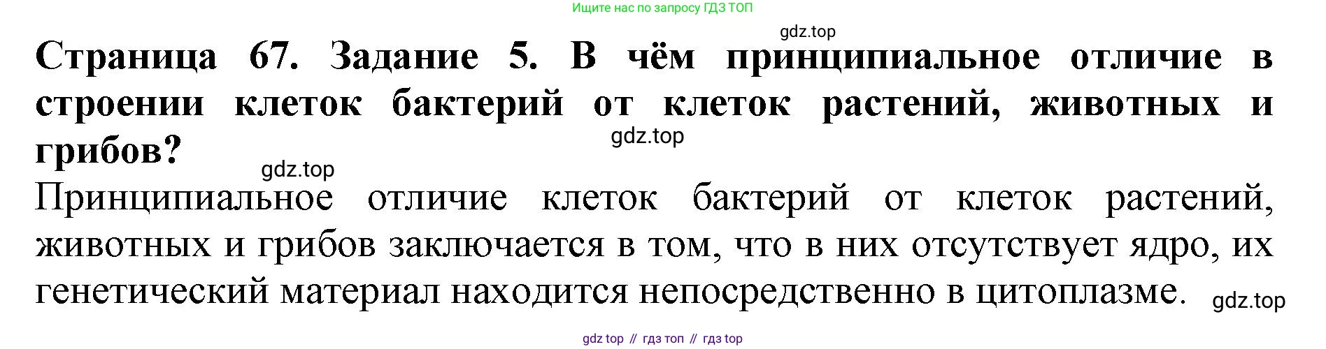 Биология, 5 класс Учебник, авторы: Пасечник Владимир Васильевич, Суматохин Сергей Витальевич, Гапонюк Зоя Георгиевна, Швецов Глеб Геннадьевич, издательство Просвещение, Москва, 2023, белого цвета, страница 67, номер 5, Решение