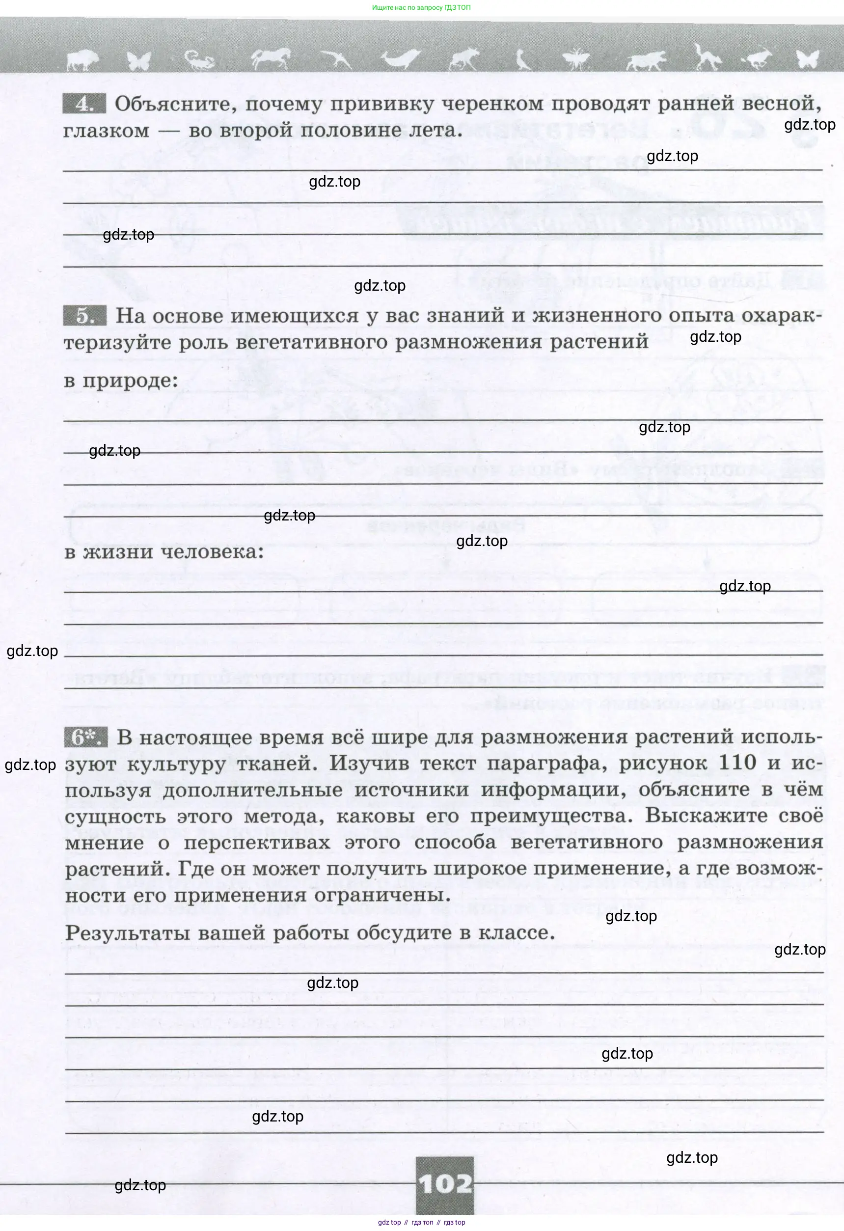 Биология, 6 класс рабочая тетрадь, авторы: Пасечник Владимир Васильевич, Суматохин Сергей Витальевич, Швецов Глеб Геннадьевич, Гапонюк Зоя Георгиевна, Косарькова Марина Викторовна, издательство Просвещение, Москва, 2023, белого цвета, страница 102