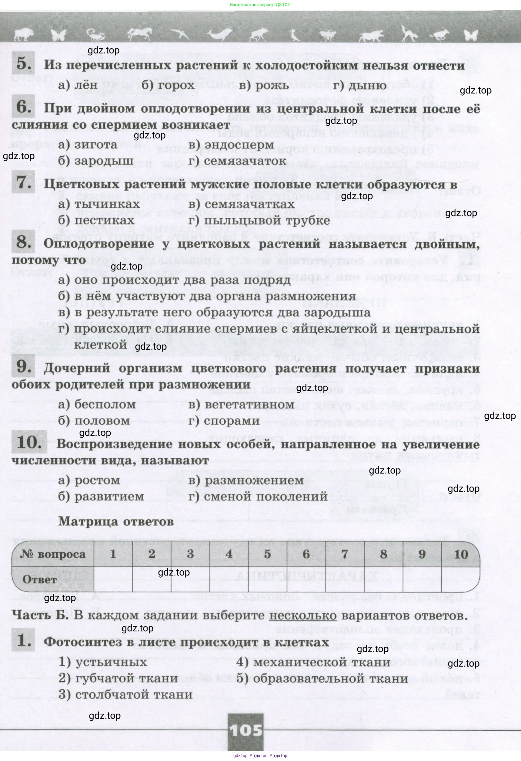 Биология, 6 класс рабочая тетрадь, авторы: Пасечник Владимир Васильевич, Суматохин Сергей Витальевич, Швецов Глеб Геннадьевич, Гапонюк Зоя Георгиевна, Косарькова Марина Викторовна, издательство Просвещение, Москва, 2023, белого цвета, страница 105