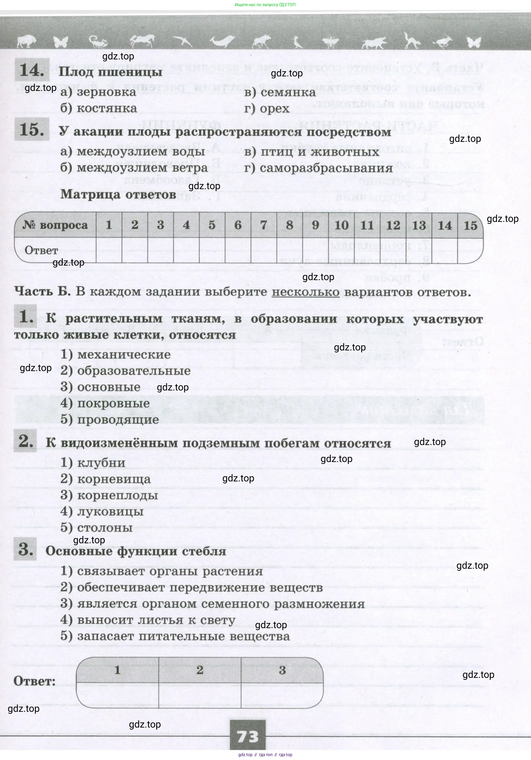 Биология, 6 класс рабочая тетрадь, авторы: Пасечник Владимир Васильевич, Суматохин Сергей Витальевич, Швецов Глеб Геннадьевич, Гапонюк Зоя Георгиевна, Косарькова Марина Викторовна, издательство Просвещение, Москва, 2023, белого цвета, страница 73