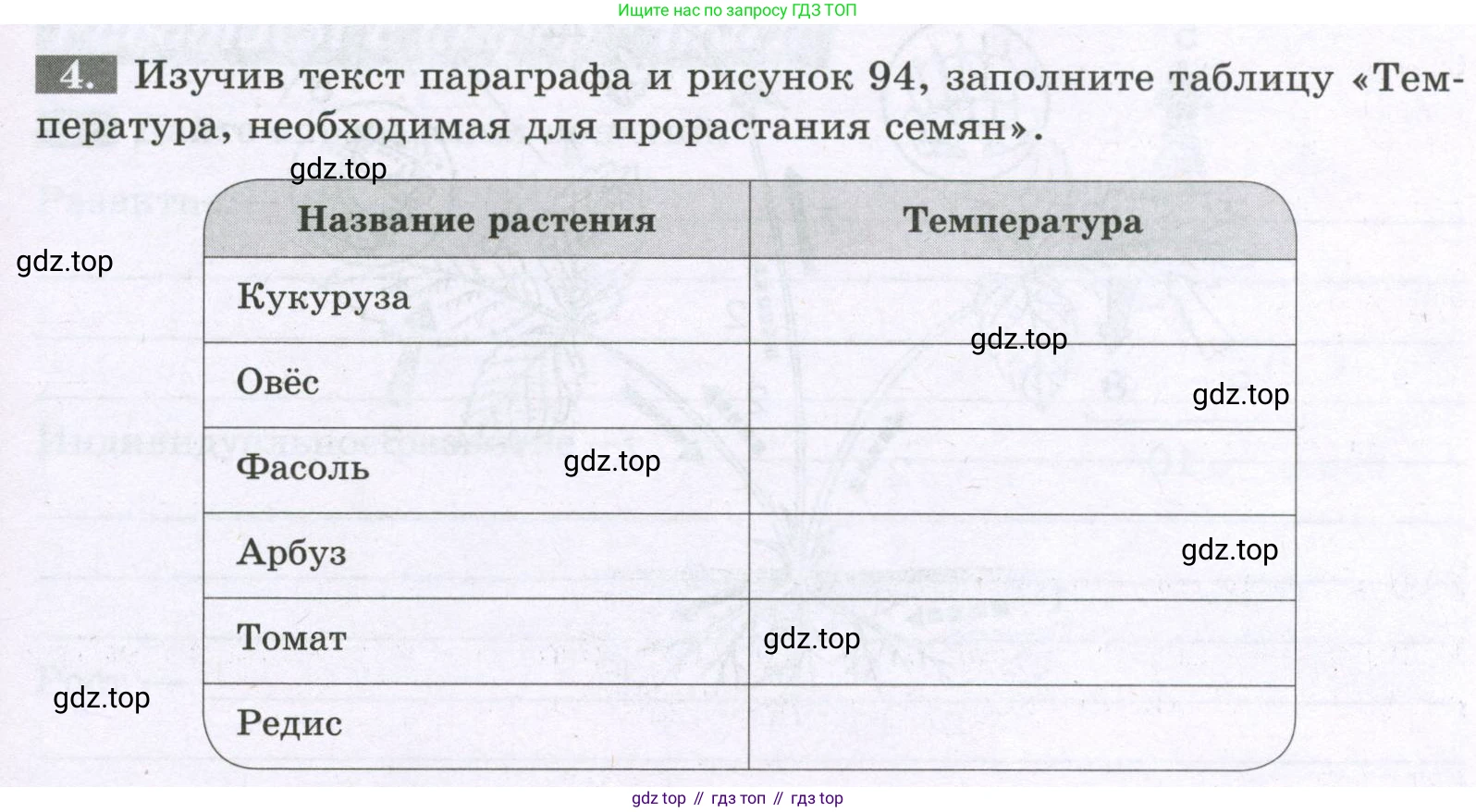 ГДЗ Биология, 6 класс рабочая тетрадь, авторы: Пасечник Владимир Васильевич, Суматохин Сергей Витальевич, Швецов Глеб Геннадьевич, Гапонюк Зоя Георгиевна, Косарькова Марина Викторовна, издательство Просвещение, Москва, 2023, белого цвета, страница 91, номер 4, Условие