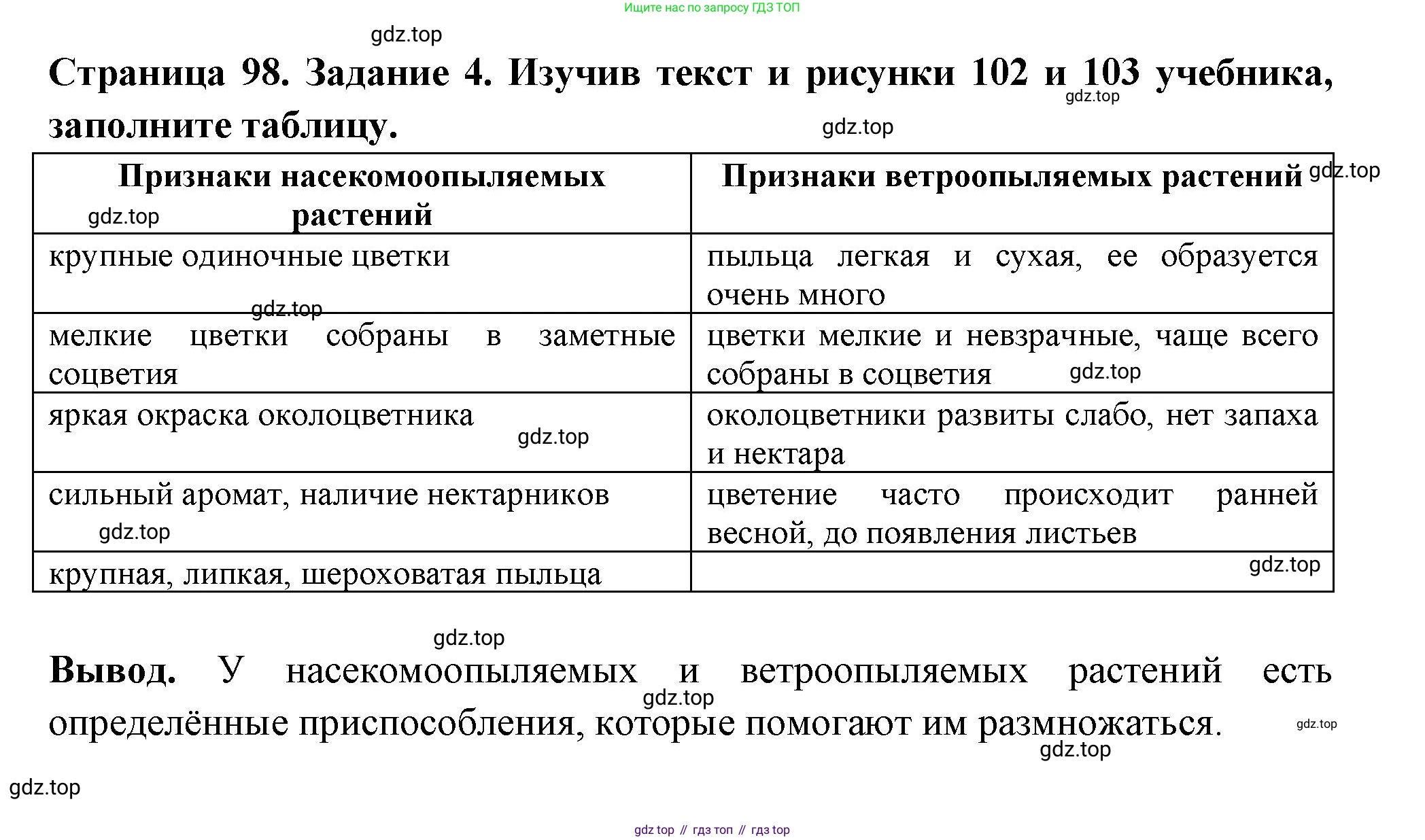 ГДЗ Биология, 6 класс рабочая тетрадь, авторы: Пасечник Владимир Васильевич, Суматохин Сергей Витальевич, Швецов Глеб Геннадьевич, Гапонюк Зоя Георгиевна, Косарькова Марина Викторовна, издательство Просвещение, Москва, 2023, белого цвета, страница 98, номер 4, Решение