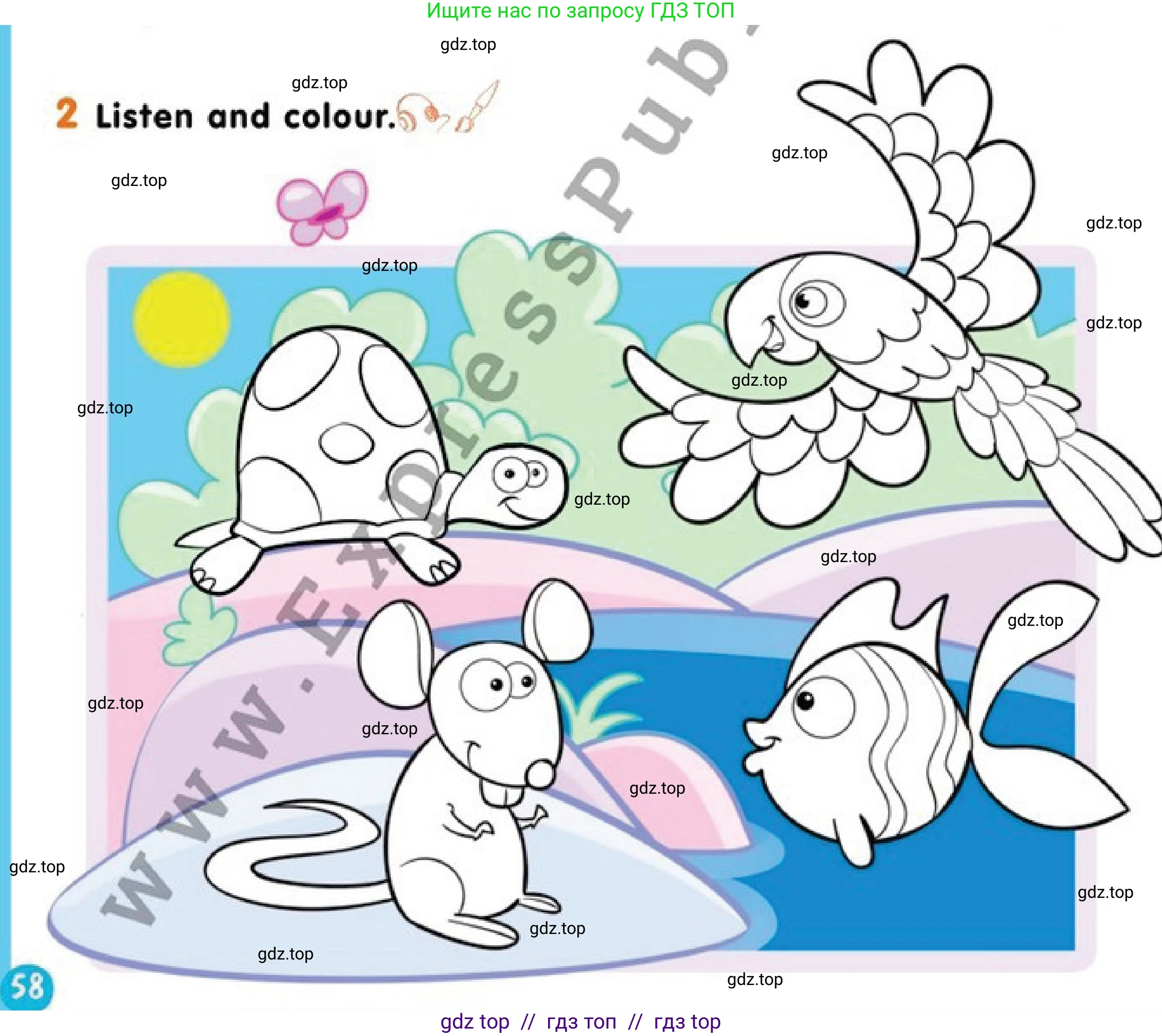 Английский язык (english), 1 класс Учебник (Pupil's book), авторы: Дули Дженни (Dooley Jenny), Эванс Вирджиния (Evans Virginia), Оби Боб (Obee Bob), издательство Express Publishing, Алматы, 2016, голубого цвета, страница 58, номер 2, Условие