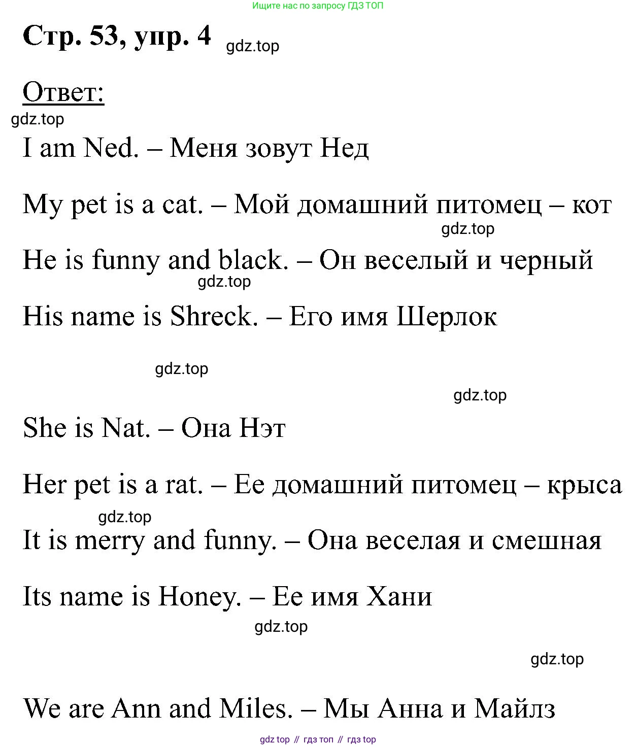 Английский язык (english), 2 класс Учебник (Student's book), авторы: Кузовлев Владимир Петрович (Kuzovlev Vladimir), Перегудова Эльвира Шакировна, Пастухова Светлана Анатольевна (Pastukhova Svetlana), Стрельникова Ольга Викторовна (Strelnikova Olga), издательство Просвещение, Москва, 2023, розового цвета, Часть ( Part) 1, страница 53, номер 4, Решение