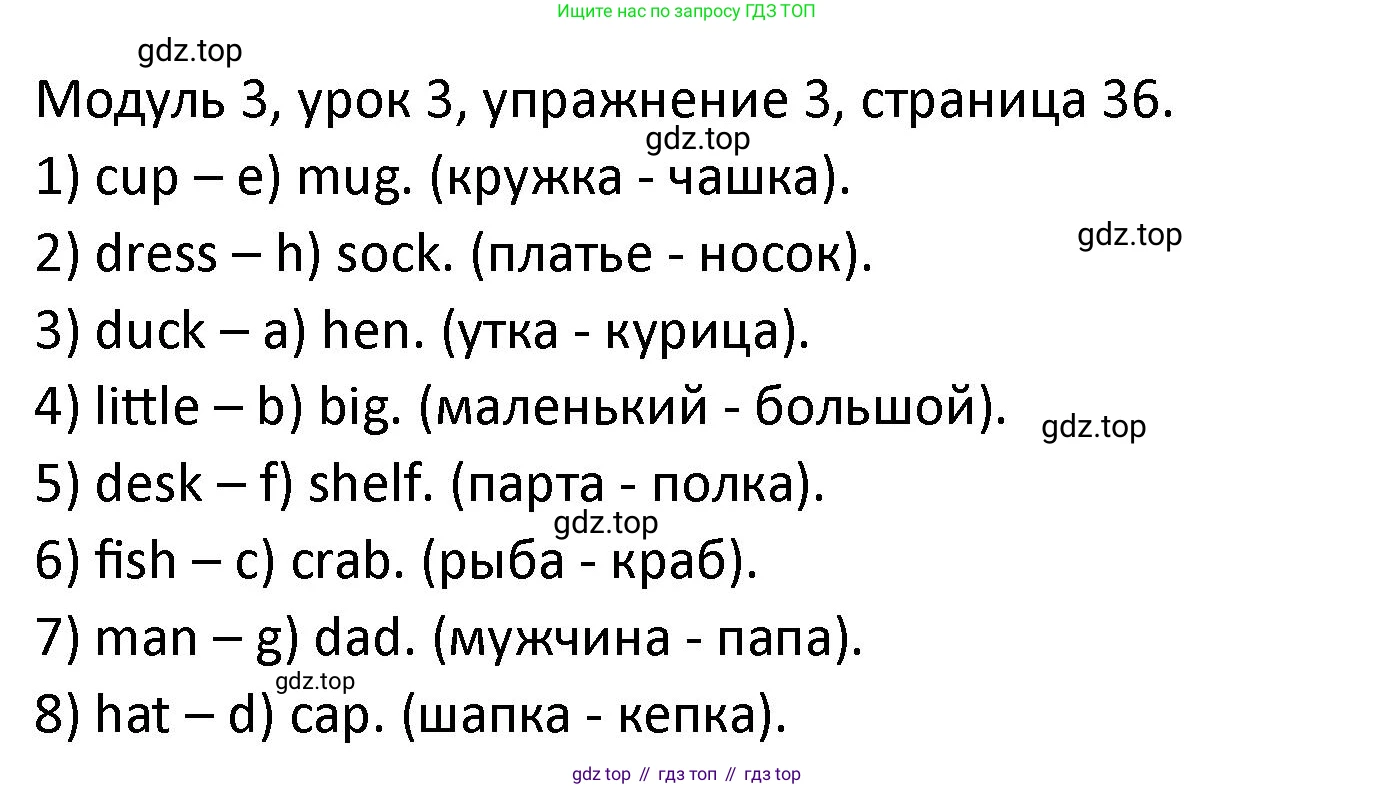 ГДЗ Английский язык (english), 2 класс рабочая тетрадь, авторы: Афанасьева Ольга Васильевна (Afanasyeva Olga), Баранова Ксения Михайловна (Baranova Ksenia), Михеева Ирина Владимировна (Mikheeva Irina), издательство Просвещение, Москва, 2023, Часть 1, страница 36, номер 3, Решение