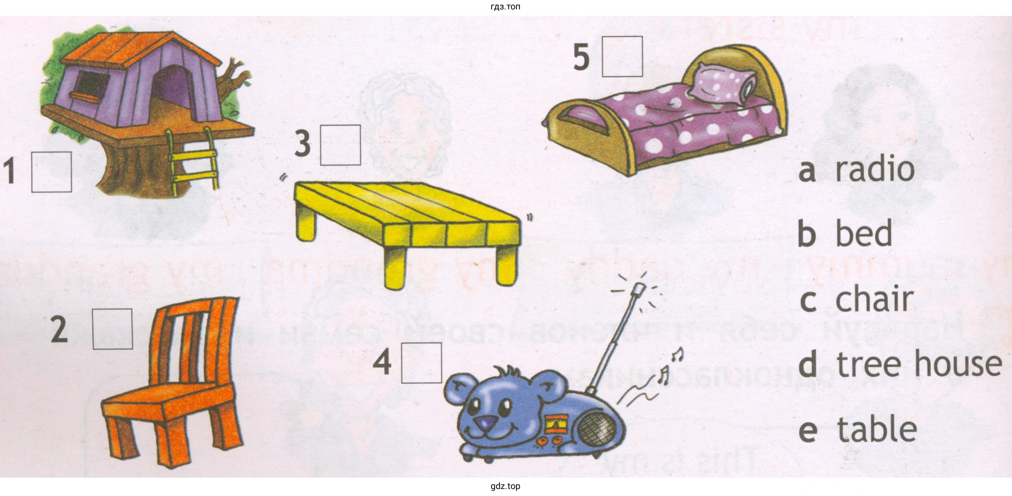 radio a b bed chair c d tree house e table