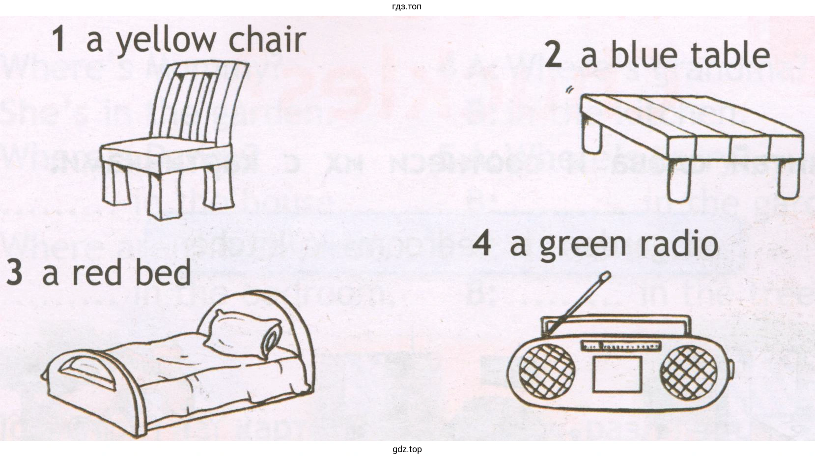 1 а yellow chair 3 а red bed 2 а blue table 4 а green radio