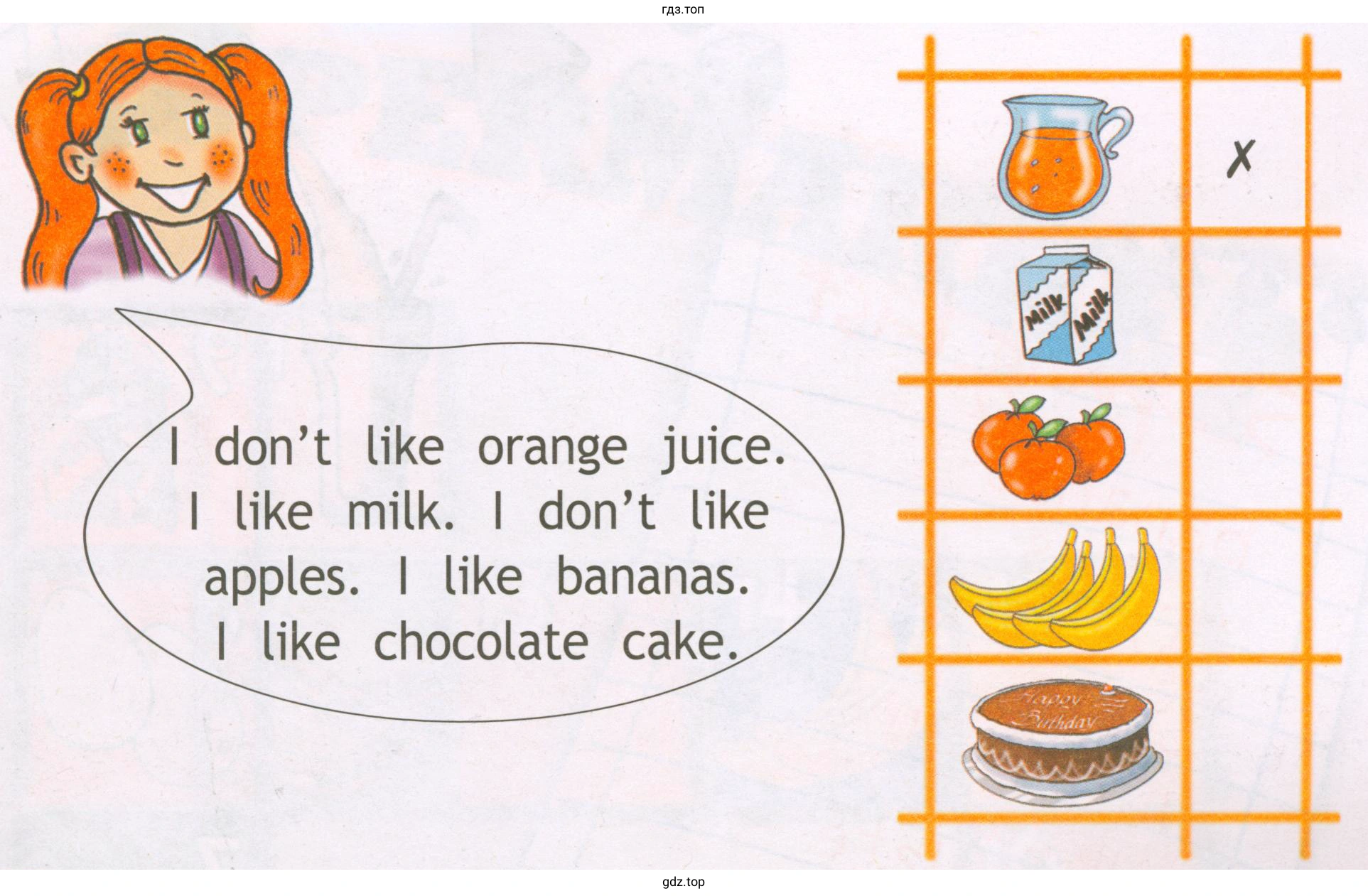 don't like orange juice. like milk. don't like apples. like bananas. like chocolate саке.