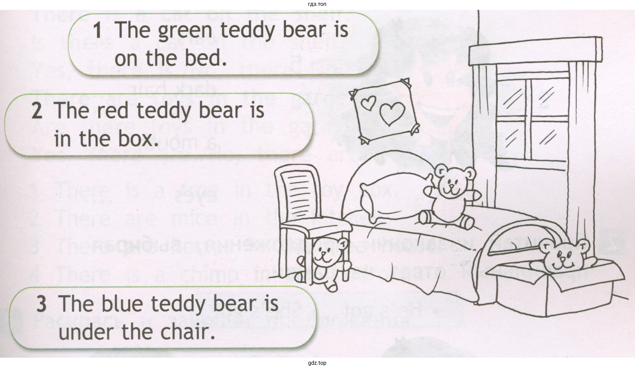 1 The green teddy bear is оn the bed. 2 The red teddy bear is in the box. 3 The blue teddy bear is under the chair.