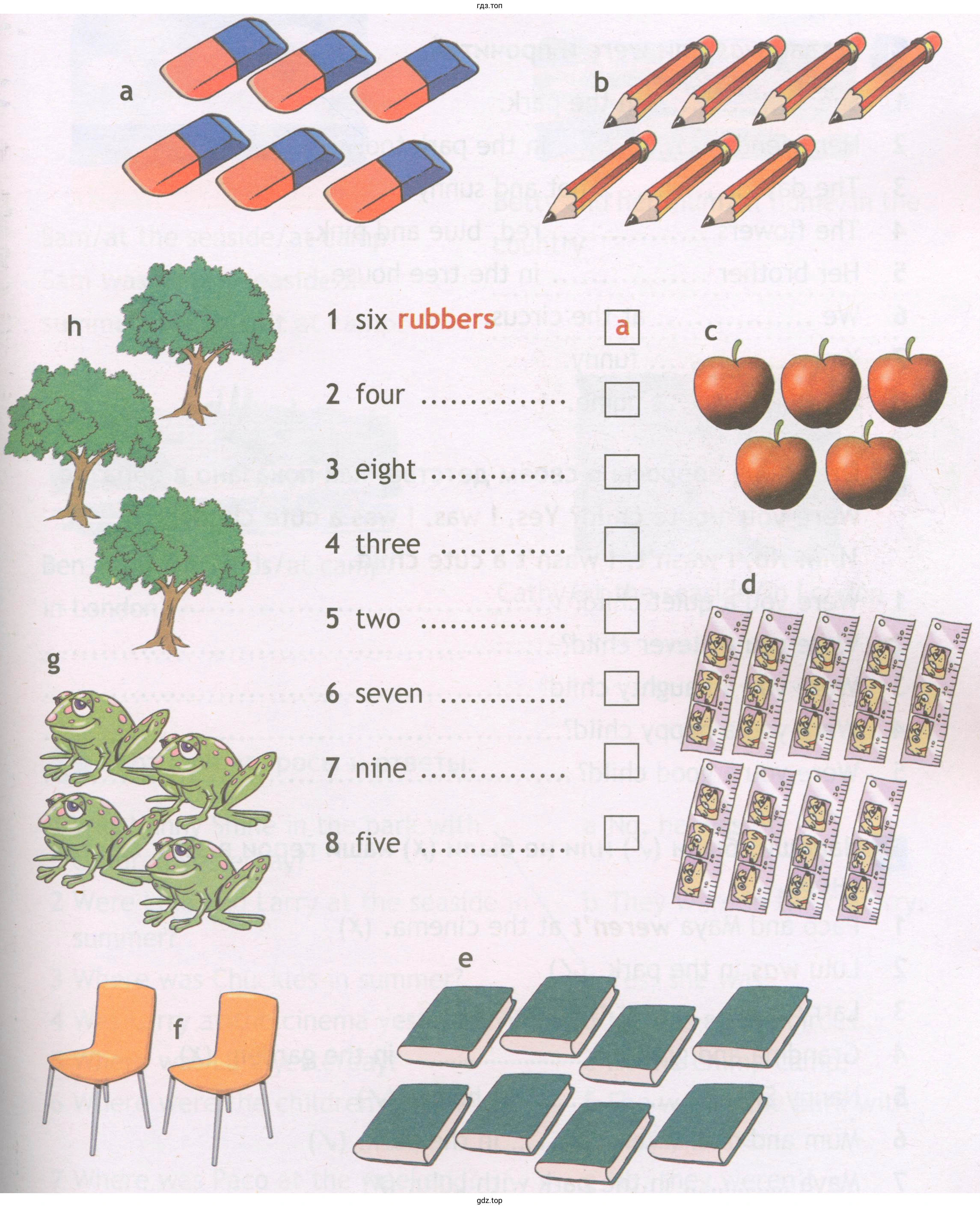 1 six rubbers 2 four 3 eight 4 three 5 two 6 seven 7 nine 8 five