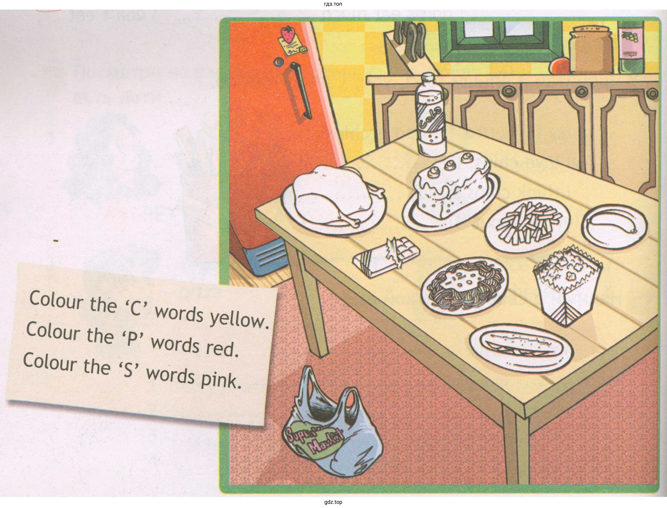 Colour the 'C' words yellow. Colour the 'P' words red. Colour the 'S' words pink.