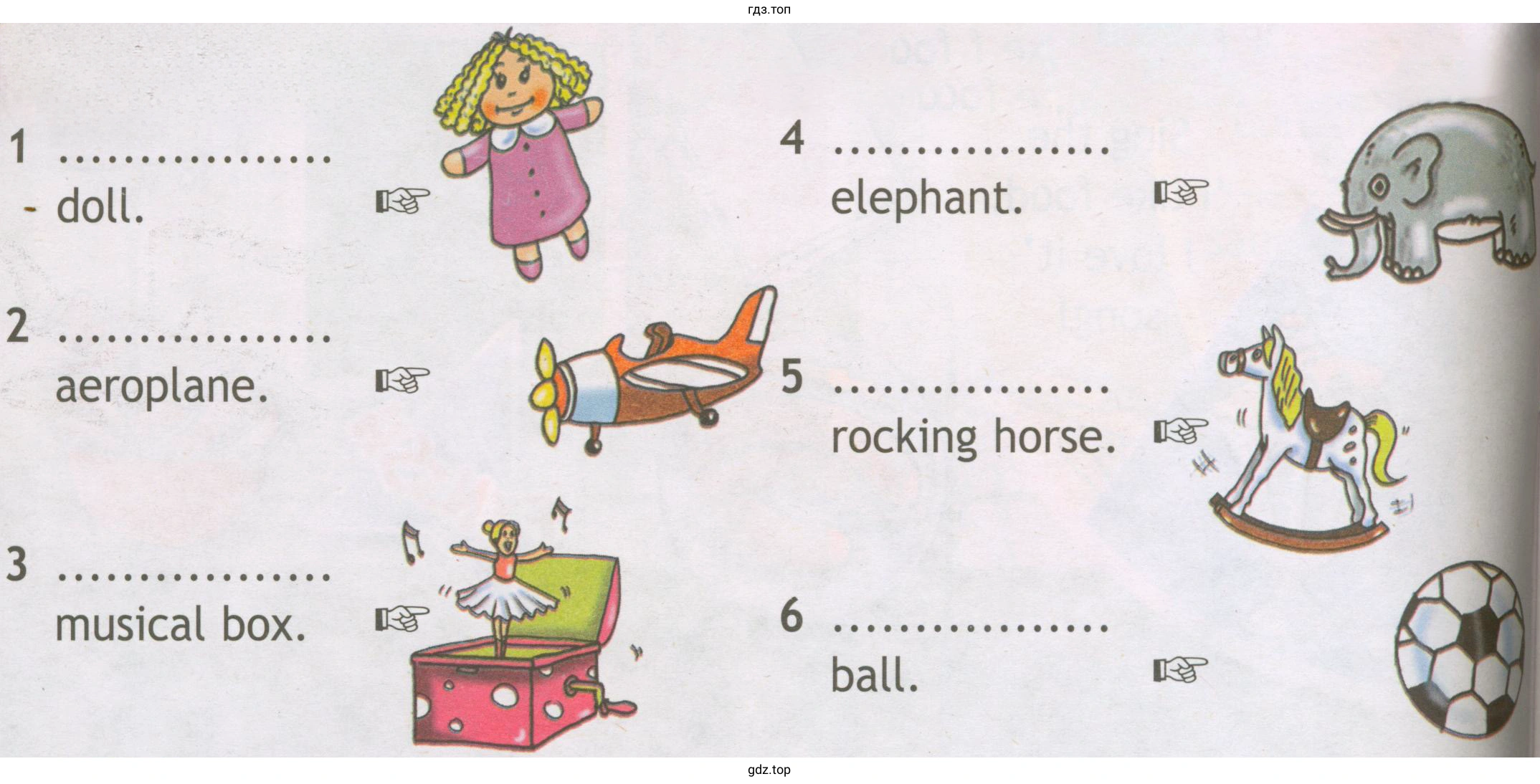 doll. aeroplane. musical box. elephant. rocking horse. ball.