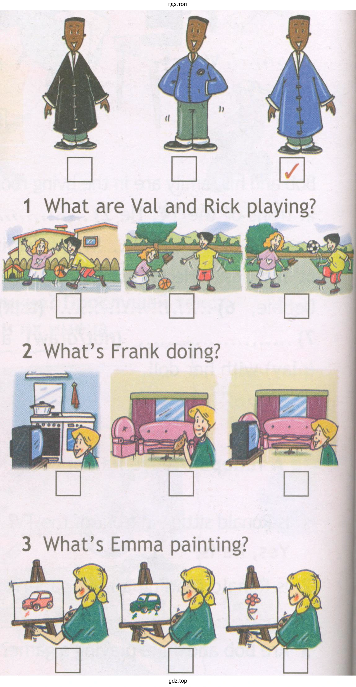 1 What are Val and Rick playing? 2 What's Frank doing? 3 What's Emma painting?