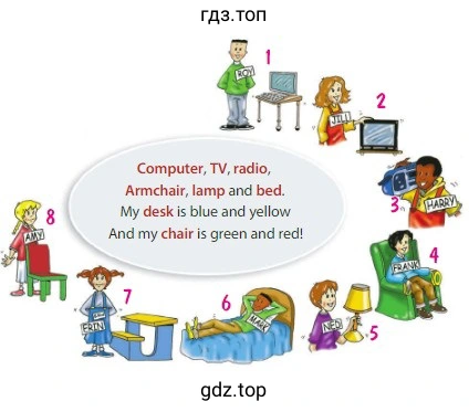 Computer, TV, radio, Armchair, lamp and bed. My desk is blue and yellow And my chair is green and red!