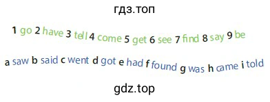 1 go 2 have 3 tell 4 come 5 get 6 see 7 find 8 say 9 be a saw b said c went d got e had f found g was h came i told