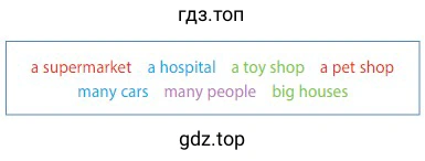 a supermarket a hospital a toy shop a pet shop many cars many people big houses