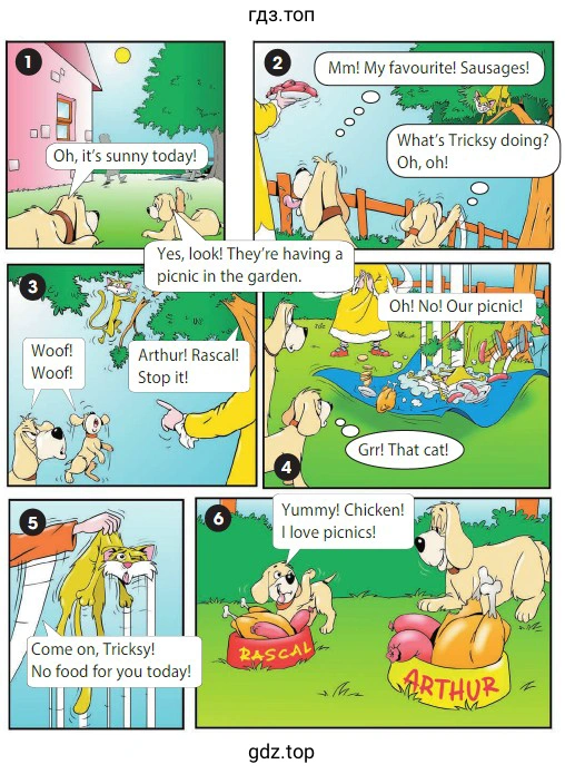 I Oh, it's sunny today! Yes, look! They're having a picnic in the garden.