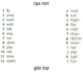 1 fly 2 jump 3 swim 4 walk 5 talk 6 sing 7 run 8 climb 9 play 10 ride 11 drive 12 watch