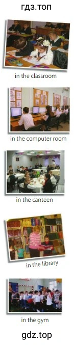 in the classroom in the computer room in the canteen in the library in the gym
