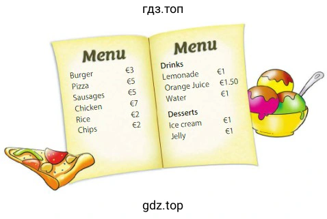 Menu Burger Pizza Sausages Chicken Rice Chips Drinks Lemonade Orange Juice Water Desserts Ice cream Jelly