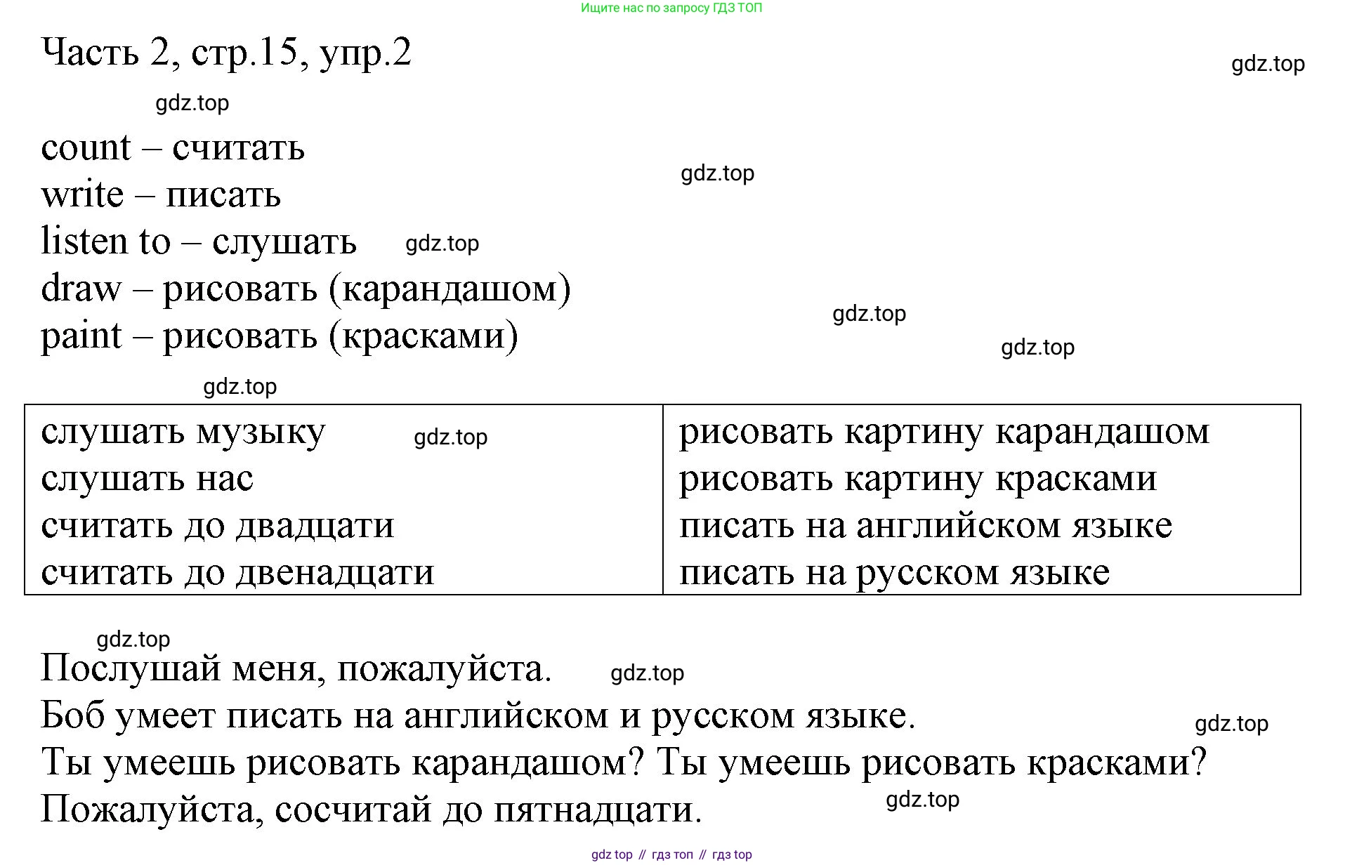 ГДЗ Английский язык (english), 3 класс Учебник, авторы: Афанасьева Ольга Васильевна (Afanasyeva Olga), Баранова Ксения Михайловна (Baranova Ksenia), Михеева Ирина Владимировна (Mikheeva Irina), издательство Просвещение, Москва, 2023, зелёного цвета, Часть 2, страница 15, номер 2, Решение
