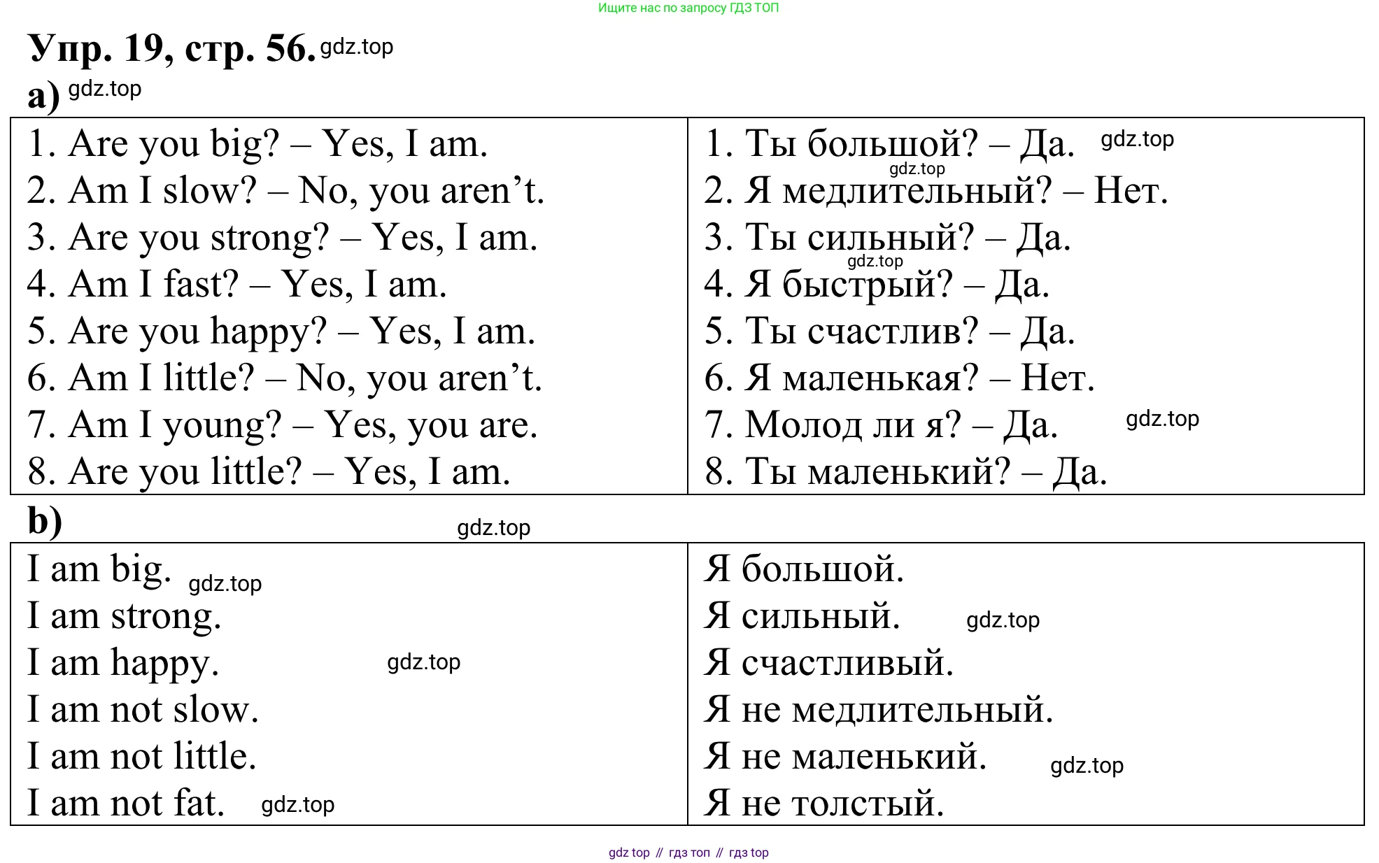 ГДЗ Английский язык (english), 3 класс Лексико-грамматический практикум, авторы: Афанасьева Ольга Васильевна (Afanasyeva Olga), Михеева Ирина Владимировна (Mikheeva Irina), Сьянов Александр Валерьевич, издательство Дрофа, Москва, 2017, зелёного цвета, страница 56, номер 19, Решение