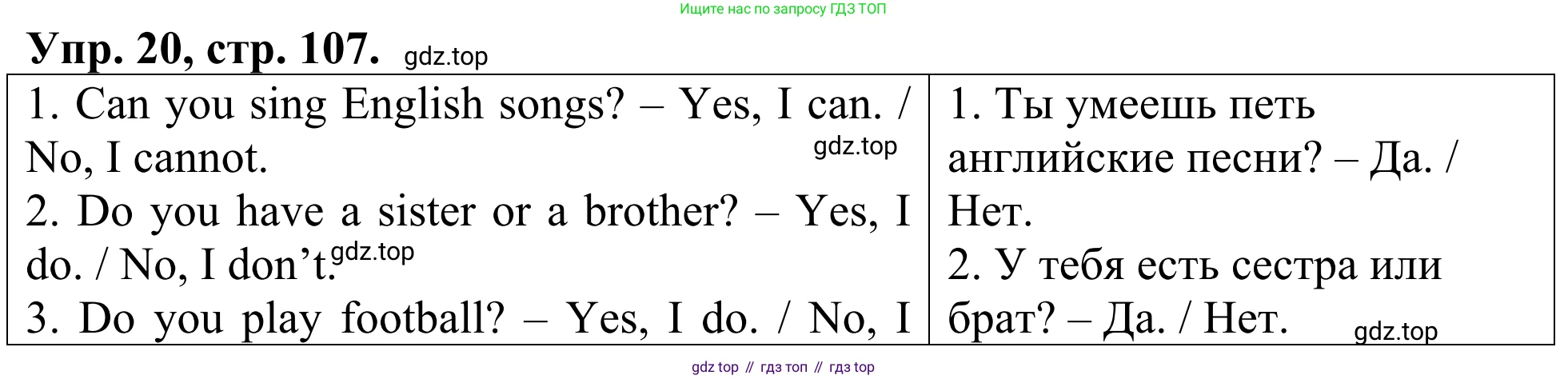 ГДЗ Английский язык (english), 3 класс Лексико-грамматический практикум, авторы: Афанасьева Ольга Васильевна (Afanasyeva Olga), Михеева Ирина Владимировна (Mikheeva Irina), Сьянов Александр Валерьевич, издательство Дрофа, Москва, 2017, зелёного цвета, страница 107, номер 20, Решение