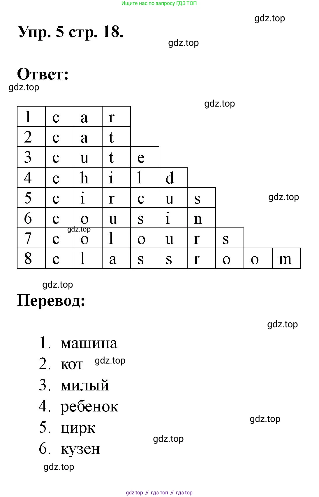Английский язык (english), 3 класс рабочая тетрадь, авторы: Афанасьева Ольга Васильевна (Afanasyeva Olga), Баранова Ксения Михайловна (Baranova Ksenia), Михеева Ирина Владимировна (Mikheeva Irina), издательство Просвещение, Москва, 2023, зелёного цвета, Часть 1, страница 18, номер 5, Решение