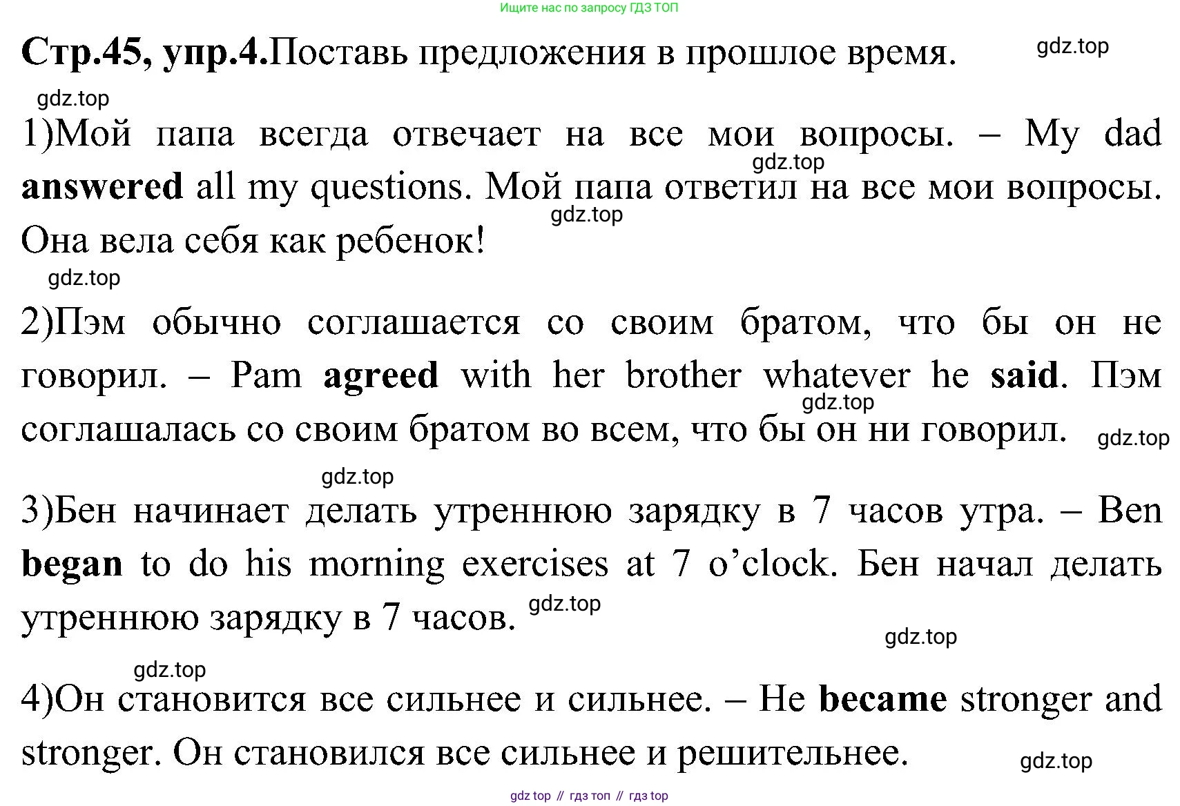 ГДЗ Английский язык (english), 3 класс Рабочая тетрадь (workbook), авторы: Верещагина Ирина Николаевна (Vereshchagina Irina), Притыкина Тамара Александровна (Pritykina Tamara), издательство Просвещение, Москва, 2023, оранжевого цвета, страница 45, номер 4, Решение