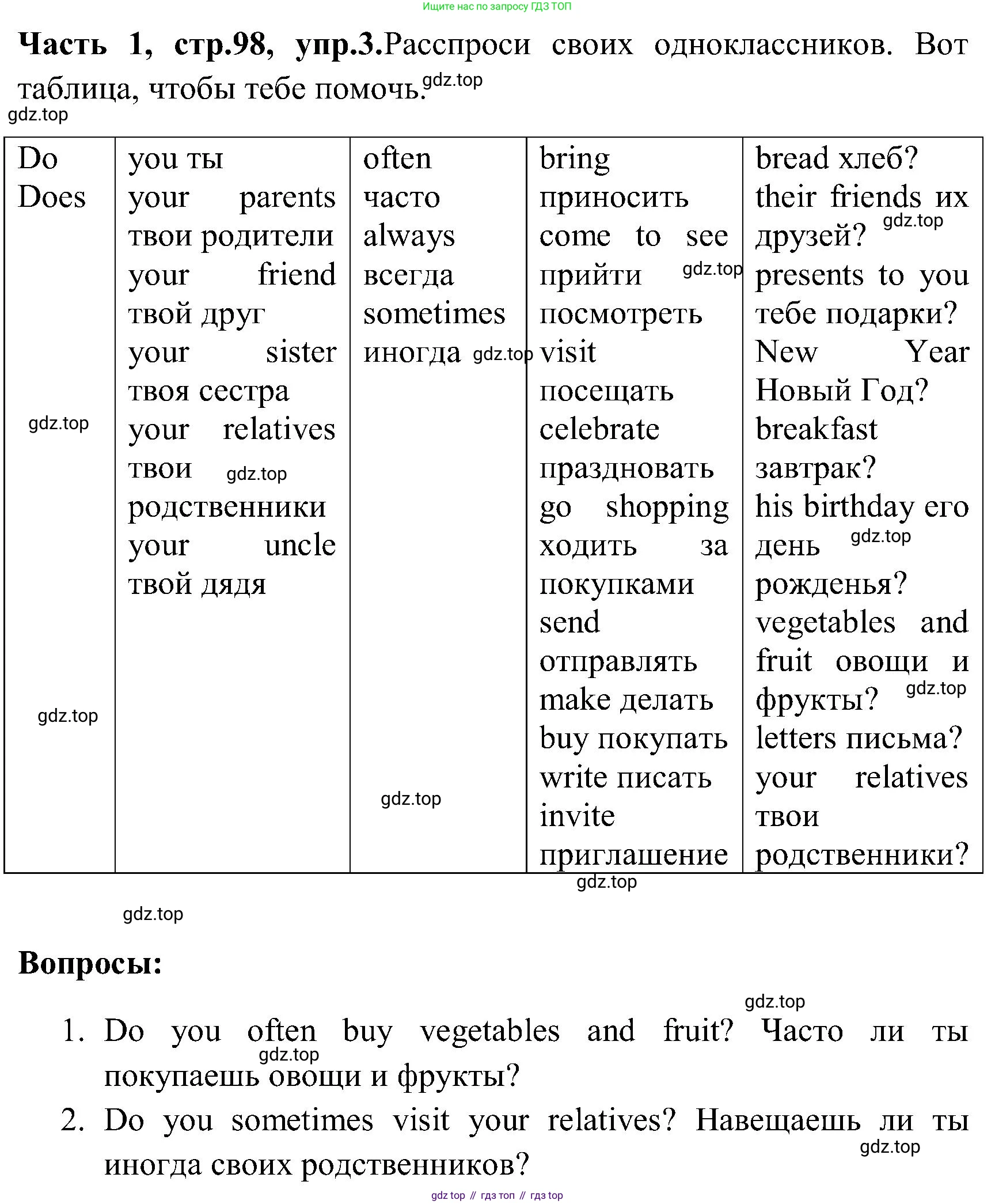 ГДЗ Английский язык (english), 3 класс Учебник (Student's book), авторы: Верещагина Ирина Николаевна (Vereshchagina Irina), Притыкина Тамара Александровна (Pritykina Tamara), издательство Просвещение, Москва, 2023, оранжевого цвета, Часть ( Part) 1, страница 98, номер 3, Решение