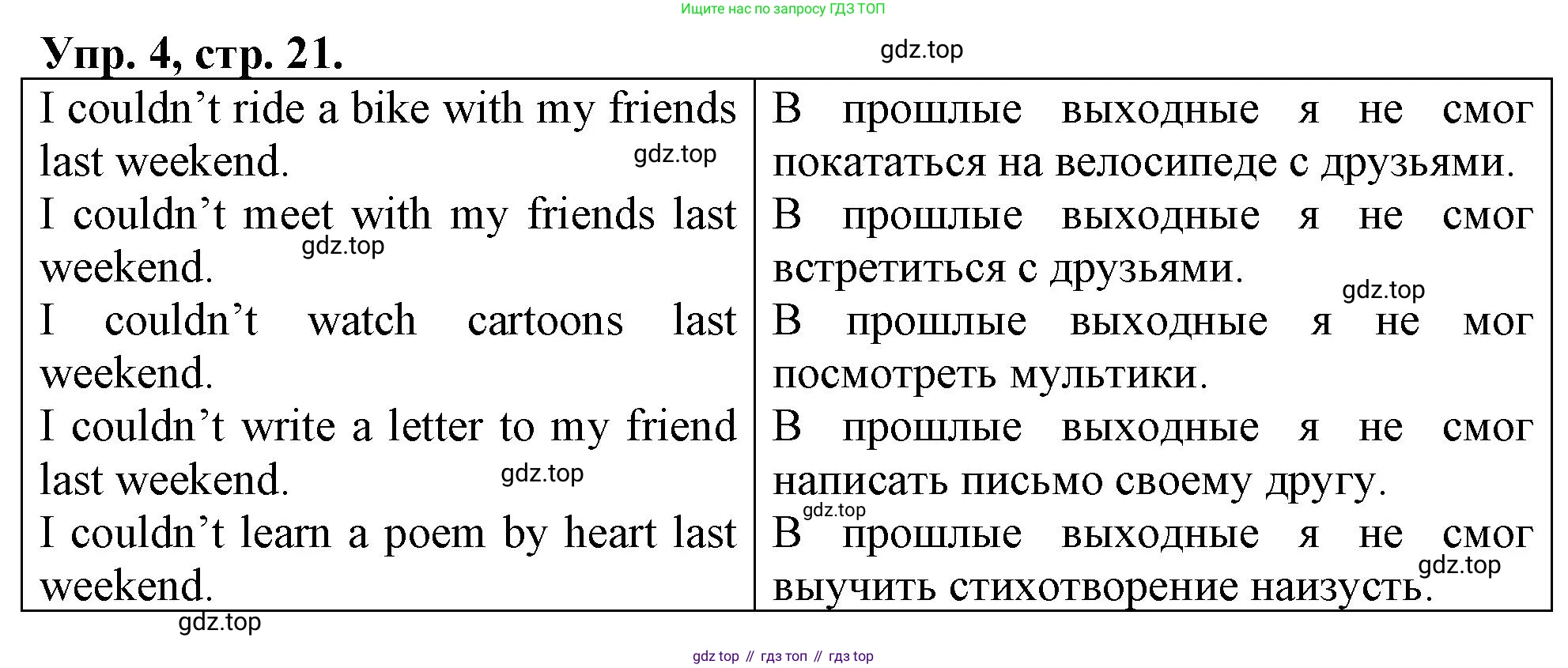 ГДЗ Английский язык (english), 4 класс рабочая тетрадь, авторы: Афанасьева Ольга Васильевна (Afanasyeva Olga), Баранова Ксения Михайловна (Baranova Ksenia), Михеева Ирина Владимировна (Mikheeva Irina), издательство Просвещение, Москва, 2024, красного цвета, Часть 1, страница 21, номер 4, Решение