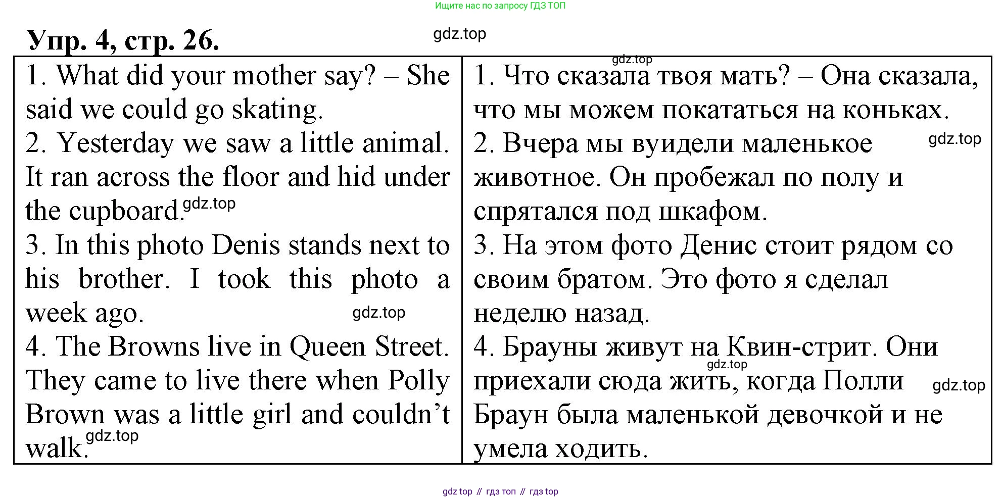 ГДЗ Английский язык (english), 4 класс рабочая тетрадь, авторы: Афанасьева Ольга Васильевна (Afanasyeva Olga), Баранова Ксения Михайловна (Baranova Ksenia), Михеева Ирина Владимировна (Mikheeva Irina), издательство Просвещение, Москва, 2024, красного цвета, Часть 1, страница 26, номер 4, Решение