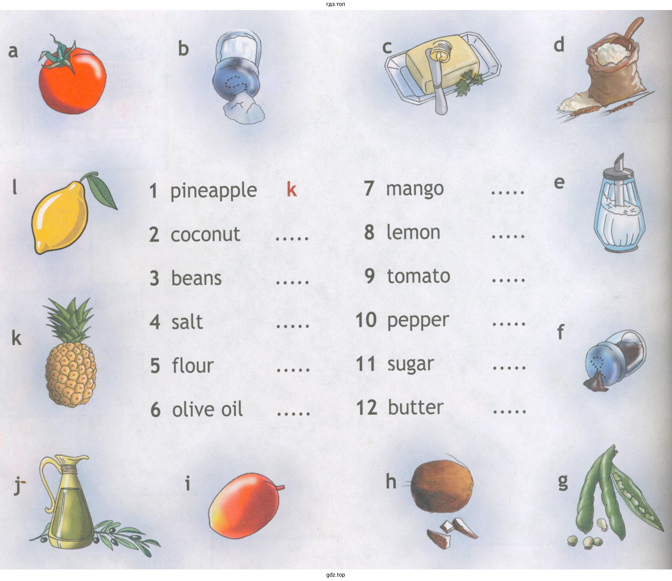 pineapple coconut beans salt flour olive oil mango lemon tomato pepper sugar butter
