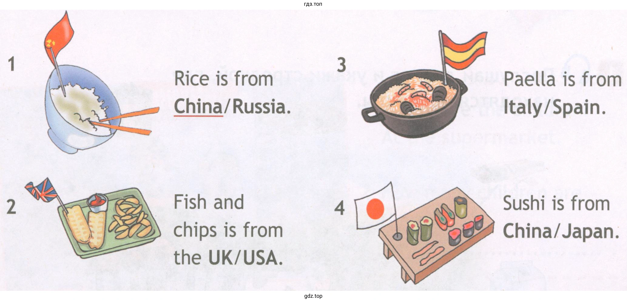 1 Rice is from China/Russia. 2 Fish and chips is from the Uk/USA. З Paella is from ltaly/Spain. 4 Sushi is from China/Japan.