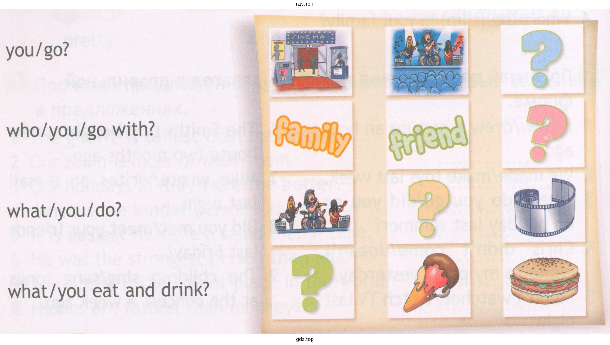 you/go? who/you/go with? what/you/do? what/you eat and drink?