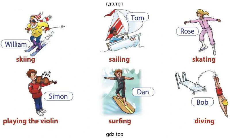 William skiing Simon playing the violin Tom sailing Dan surfing Rose skating Bob diving
