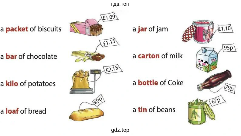 a packet of biscuits a bar of chocolate a kilo of potatoes a loaf of bread a jar of jam a carton of milk a bottle of Coke a tin of beans