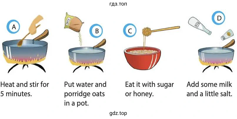 Рисунок. Heat and stir for 5 minutes. Put water and porridge oats in a pot. Eat it with sugar or honey. Add some milk and a little salt.