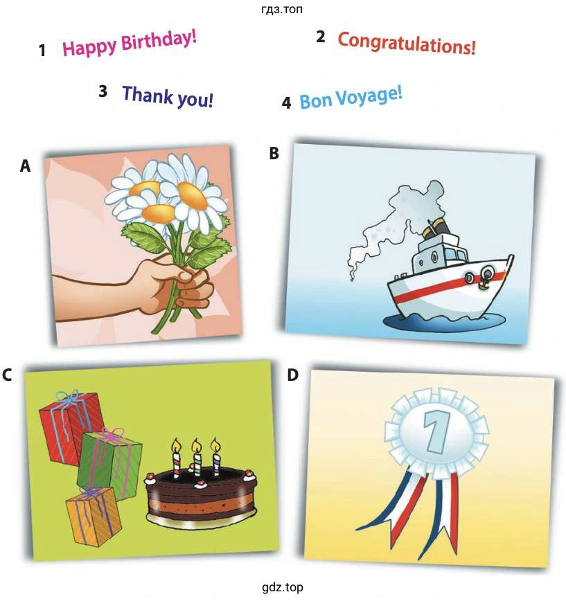 Рисунок. Happy Birthday! Thank you! Congratulations! Bon Voyage!